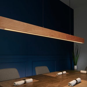 Atta Oval Linear Suspension Chandelier | Island Light Fixture | LED Chandelier | Long Wooden Light | Wood Panel Light | Hanging Office Lamp