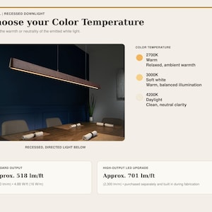 May include: A Vinkel recessed downlight linear pendant fixture with a dark wood finish, suspended over a dining table. The graphic displays color temperature options of 2700K, 3000K, and 4200K, alongside output specifications of 518 lm/ft and 701 lm/ft.