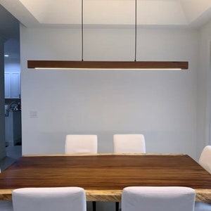 Linear Suspension Up Down Wood Pendant Light Fixture, Wooden Horizontal Ceiling Lamp, Dual Edge Rustic Modern Minimalist Chandelier Lighting image 3