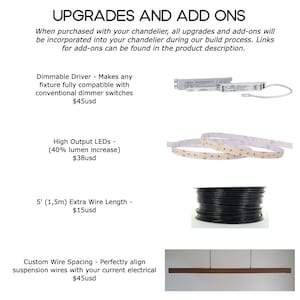 Op de afbeelding: Een lijst met upgrades en add-ons voor een kroonluchter, waaronder een dimbare driver, high-output LED's, extra draadlengte en aangepaste draadafstand. De prijzen zijn in Amerikaanse dollars.