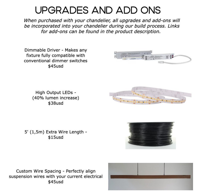 Op de afbeelding: Een lijst met upgrades en add-ons voor een kroonluchter, waaronder een dimbare driver, high-output LED's, extra draadlengte en aangepaste draadafstand. De prijzen zijn in Amerikaanse dollars.
