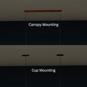May include: Two different ways to mount a light fixture. The top image shows a canopy mounting with a wooden canopy. The bottom image shows a cup mounting with a round metal cup.