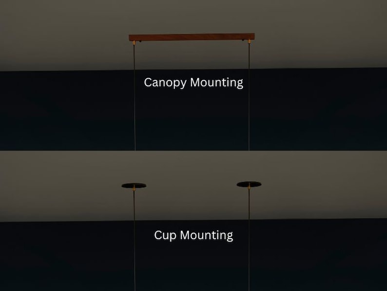May include: Two different ways to mount a light fixture. The top image shows a canopy mounting with a wooden canopy. The bottom image shows a cup mounting with a round metal cup.