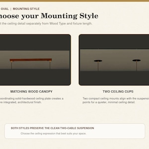 May include: An informational graphic titled FYRA OVAL | MOUNTING STYLE showing two options for ceiling fixtures. The left option features a matching wood canopy, while the right option displays two ceiling cups. Both styles use a two-cable suspension.