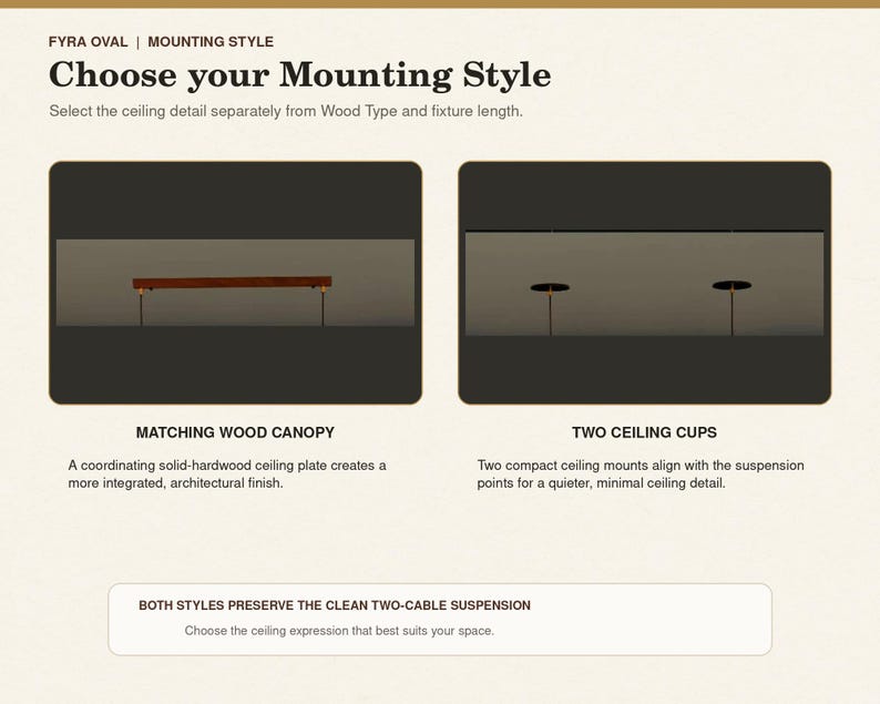 May include: An informational graphic titled FYRA OVAL | MOUNTING STYLE showing two options for ceiling fixtures. The left option features a matching wood canopy, while the right option displays two ceiling cups. Both styles use a two-cable suspension.