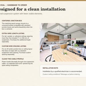May include: An informational graphic for the Fyra Oval light fixture, detailing installation features like a centered junction box, extra wire length options of 71 inches, custom wire spacing, and a clean two-cable profile for a quiet ceiling.