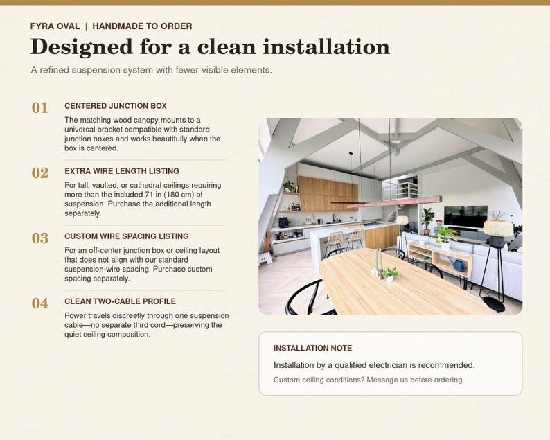 May include: An informational graphic for the Fyra Oval light fixture, detailing installation features like a centered junction box, extra wire length options of 71 inches, custom wire spacing, and a clean two-cable profile for a quiet ceiling.