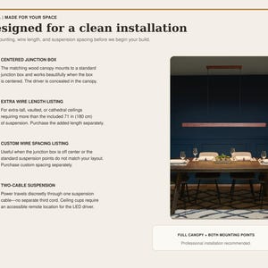 May include: An informational graphic titled Designed for a clean installation, detailing mounting instructions for a linear pendant light. It includes four numbered points about junction boxes, wire length, spacing, and two-cable suspension systems.