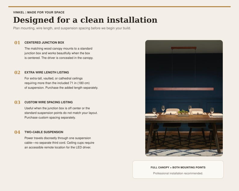 May include: An informational graphic titled Designed for a clean installation, detailing mounting instructions for a linear pendant light. It includes four numbered points about junction boxes, wire length, spacing, and two-cable suspension systems.