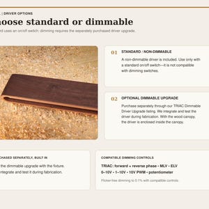 May include: An informational graphic titled VINKEL DRIVER OPTIONS: Choose standard or dimmable. It displays a dark brown wooden fixture component, and text boxes detailing standard non-dimmable drivers versus optional TRIAC dimmable upgrades.
