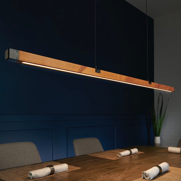 Fyra Keps | Wood LED Chandelier | Linear Suspension | Mid Century Modern Lighting | Wood Beam Light | Kitchen Island Light | Scandi Light