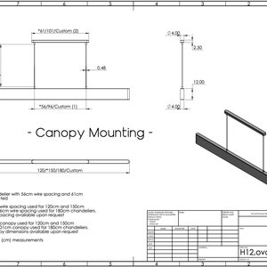 May include: Technical drawing of a 150cm chandelier with a canopy mounting system. The drawing shows the dimensions of the chandelier and canopy, as well as the wire spacing. The drawing is labeled "H12, oval, canopy A3".