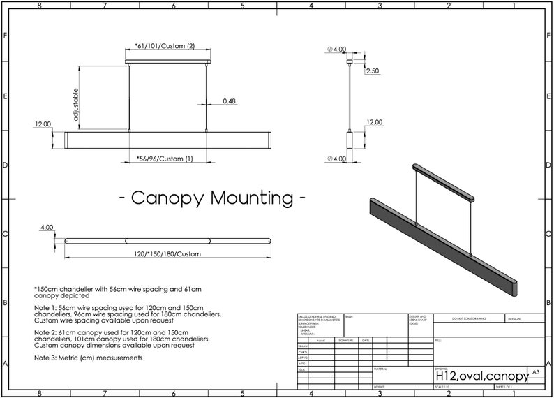 May include: Technical drawing of a 150cm chandelier with a canopy mounting system. The drawing shows the dimensions of the chandelier and canopy, as well as the wire spacing. The drawing is labeled "H12, oval, canopy A3".