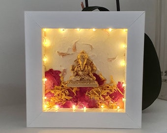 Ganesh Light up Box Frame with Flower Petals. Gift for Raksha Bandhan, Diwali or for your Home