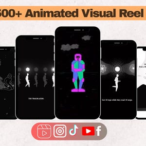Puede incluir: Imagen promocional que muestra cinco teléfonos inteligentes que muestran carretes visuales animados. Las pantallas presentan gráficos en blanco y negro, incluyendo figuras y texto. La pancarta superior dice "500+ Animated Visual Reel".