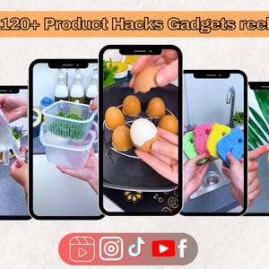 Op de afbeelding: Vijf verschillende telefoonschermen die product-hacks en gadgets laten zien. Het eerste scherm toont een persoon die een doorzichtige plastic handschoen draagt. Het tweede scherm toont een doorzichtige plastic container met een groene, bladerrijke plant erin. Het derde scherm toont een persoon die een hardgekookt ei uit een metalen eierhouder schilt. Het vierde scherm toont een persoon die een kleurrijke spons vasthoudt. Het vijfde scherm toont een persoon die een gele rubberen trekker vasthoudt.