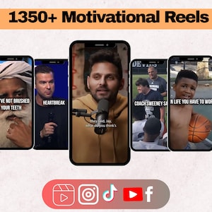 May include: A collage of five phone screens showing motivational reels. The reels feature different people speaking and include text such as "You've not brushed your teeth", "Heartbreak", "Coach Sweeney", and "In life you have to work".