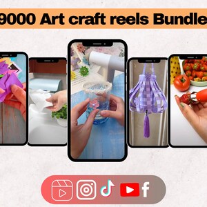 Puede incluir: Un collage de cinco pantallas de teléfono que muestran diferentes proyectos de arte y manualidades. La pantalla superior muestra el texto "9000 Art craft reels Bundle". Las otras pantallas muestran imágenes de cerca de varias manualidades, incluyendo flores de papel, una pantalla de lámpara, un frasco de vidrio con una flor dentro y una fresa.