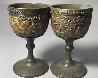 3.46" Antique bronze dragon and phoenix cup, antique collection, home decoration