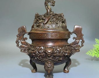 Brûleur d'encens antique, brûleur d'encens dragon à trois pattes en laiton, collection d'antiquités, décoration de la maison, ornements d'aromathérapie
