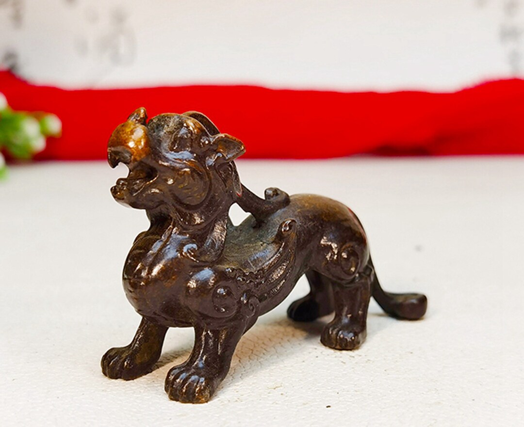 0.24 Lb Antique Brass Pixiu Pet Statue, Solid Brass Pixiu Statue