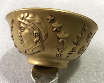 1970 brass carved Mao Zedong bowl statue, Home office decorations Ornaments