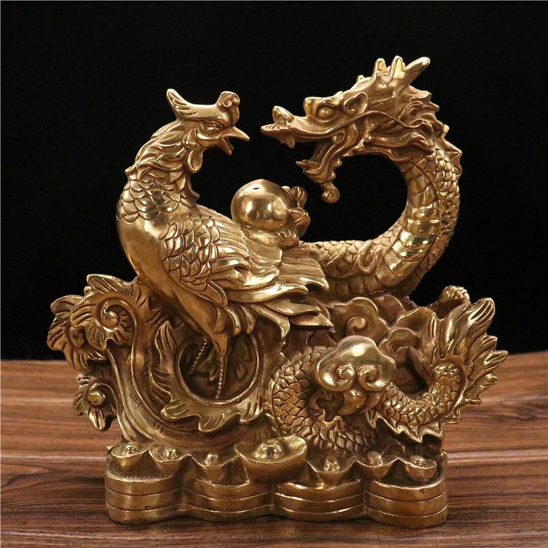 Pure Copper Dragon Phoenix Auspicious Vase Statue Decoration Home Living  Room Crafts Brass Antique Vase Collection