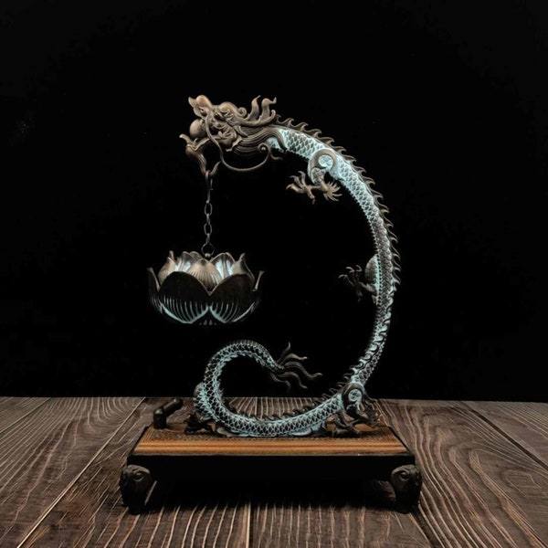 2.76 IB Bronze carved Dragon Hanging Lotus Incense Burner, Bedroom Decor, Backflow Incense Burner Collectable