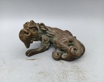 Antique brass carved Qilin statue, tea pet, antique collection, home decoration