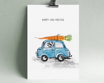 Easter card happy Car-Friday with raccoon in the car, original Easter postcard, gift card Easter, easter card, Watercolor illustration