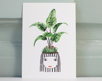 Postcard plant, without saying, hand-painted illustration (digitized and printed on natural cardboard crème 300g), flowerpot with face