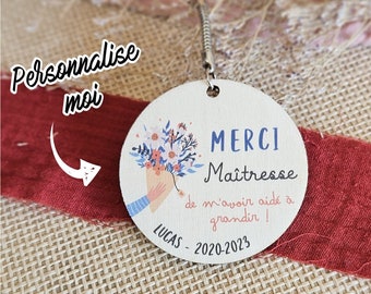 Porte clés en bois coloré personnalisé - Merci - Bouquet de fleurs