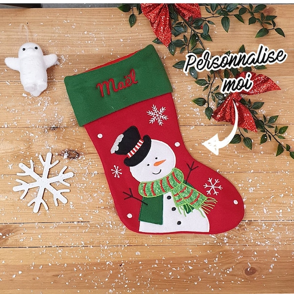 Chaussette de Noël personnalisée - Polaire vert - Bonhomme de neige