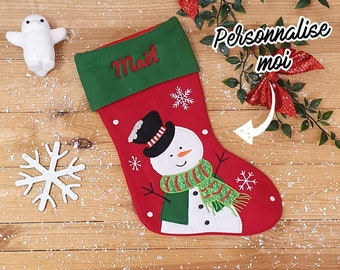 Chaussette de Noël personnalisée - Polaire vert - Bonhomme de neige