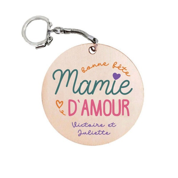 Porte clés en bois personnalisé coloré - Bonne fête mamie d'amour