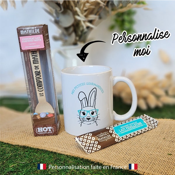 Coffret Pâques avec mug personnalisé - Lapin gourmand