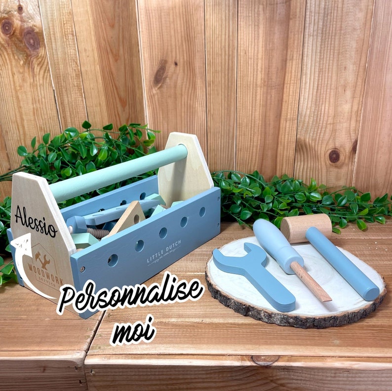 Boîte à outils bleue en bois personnalisée  - Créatrice Etsy : MaFabriquePerso