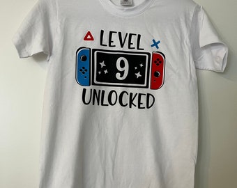 Gioco della maglietta di compleanno. T-shirt compleanno livello 9° ragazzo. Consolle per giochi. Giocatori. Maglietta 6° compleanno ragazzi. Maglia da ragazzo 9