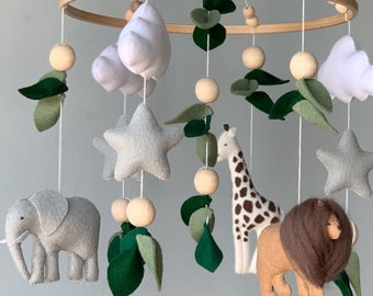 Mobile bébé Safari, animaux d'Afrique neutres, girafe, lion et éléphant, décoration de chambre d'enfant Safari, mobile de berceau d'Afrique, mobile de chambre de bébé safari