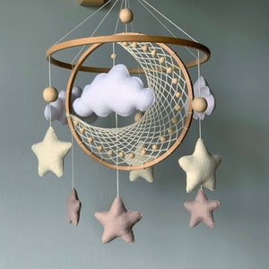 Moon and star crib mobile, Macrame baby mobile, Nuetral baby mobile, Moon baby mobile, Star mobile, Handing Mobile Felt, Mobile nursery, image 3