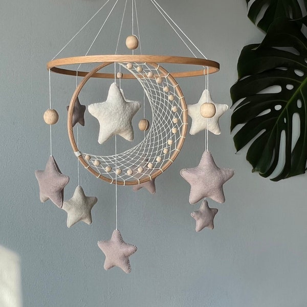 Moon and star crib mobile, Macrame baby mobile, Nuetral baby mobile, Moon baby mobile, Star mobile, Handing Mobile Felt, Mobile nursery,