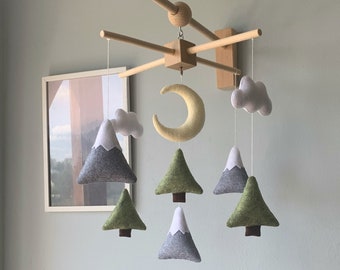 Forest baby mobile, mountains and trees crib mobile, green floral baby mobile, hanging mobile, woodland crib mobile, tree nursery decor