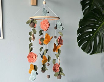 Flowers baby mobile, Butterfly crib mobile, green floral baby mobile, hanging felt mobile, cot mobile for baby girl, flowers nursery decor