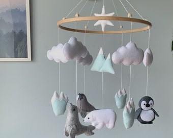 Arctic Baby Mobile - baby nursery decor- White Mobile - woodland mobile - Polar Bear - Penguin - Seal - snow