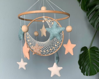 Moon and star crib mobile, Macrame baby mobile, Nuetral baby mobile, Moon baby mobile, Star mobile, Handing Mobile Felt, Mobile nursery,