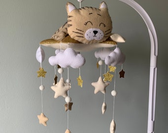 READY TO SHIP Baby crib mobile with cat , cloud and stars - baby mobile for nursery- Kitten mobile - wooden mobile - baby shower gift