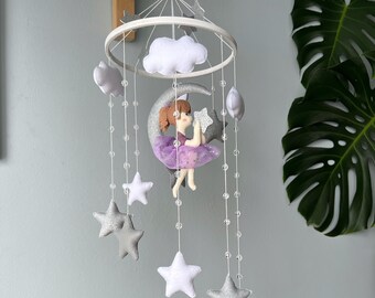 Felt Fairy Moon Mobile, Baby Girl Nursery Decor