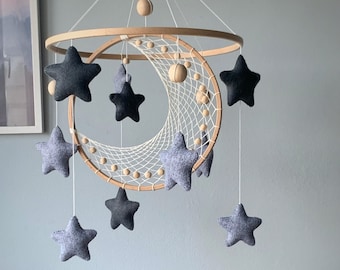 Moon and star crib mobile, Macrame baby mobile, Nuetral baby mobile, space baby mobile, Star mobile, Handing Mobile Felt, Mobile nursery