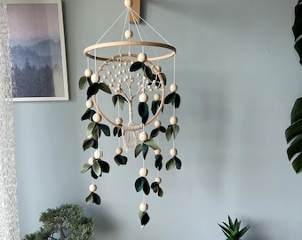 Forêt mobile pour bébé, arbre et feuilles mobiles de berceau, mobile de bébé floral vert mobile de pépinière, mobile de remise de macramé, mobile de berceau boisé