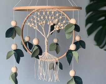 Baby mobile forest, crib mobile tree and leafs, Nursery mobile green floral baby mobile, macrame handing mobile, woodland crib mobile